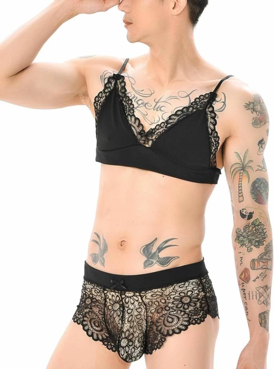 Panegy Men's Lace Floral Lingerie Set - 3 Piece Bra, Panty & Bowknot Stockings for Crossdressing