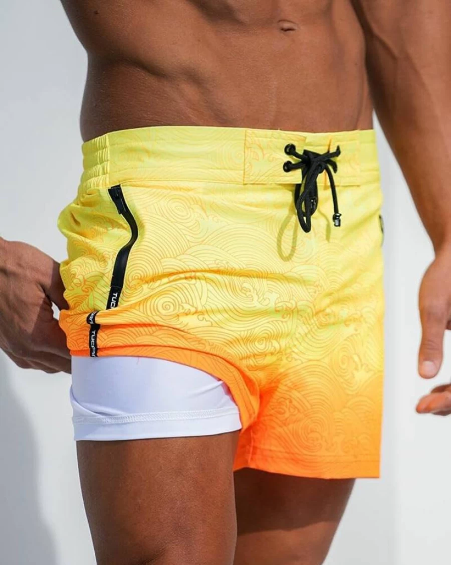 Tucann Men's 3" Swim Shorts with Zipper Pocket - Quick Dry, Chlorine Resistant, 4-Way Stretch Compression Liner for Swimming & Beach - Sunset Solid Color