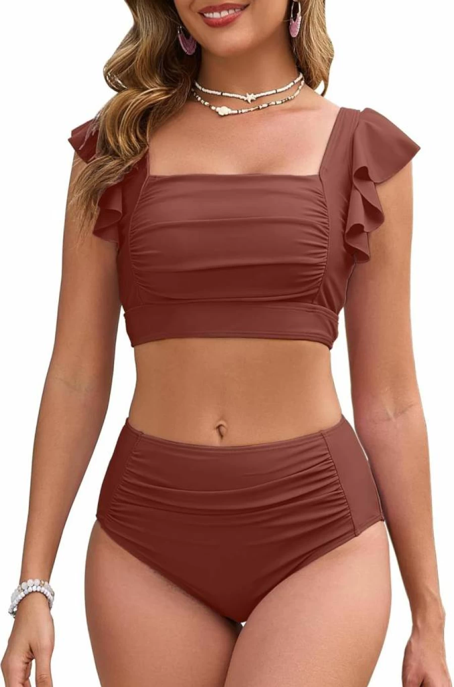 VIAURBE Women's High Waisted Tummy Control Bikini Set - Square Neck Ruffled Cheeky Two Piece Swimsuit Solid Bathing Suit