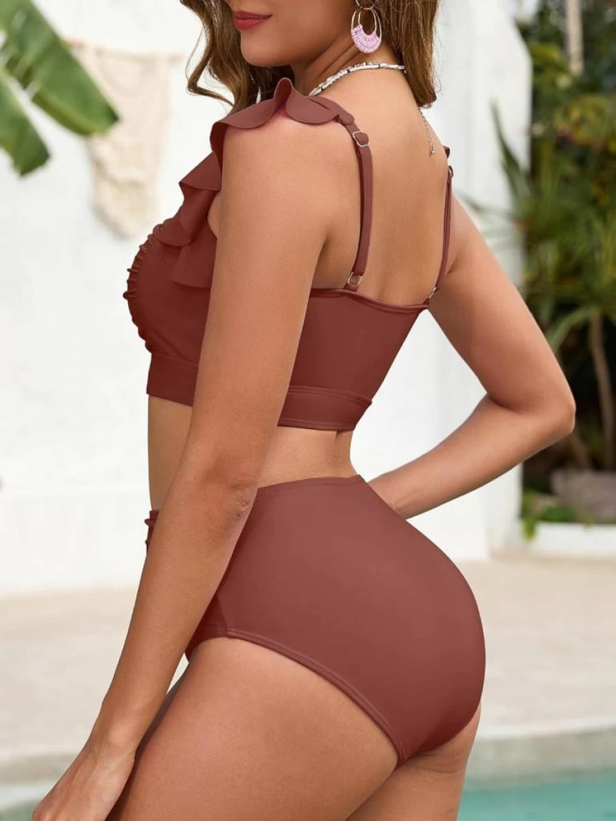 VIAURBE Women's High Waisted Tummy Control Bikini Set - Square Neck Ruffled Cheeky Two Piece Swimsuit Solid Bathing Suit