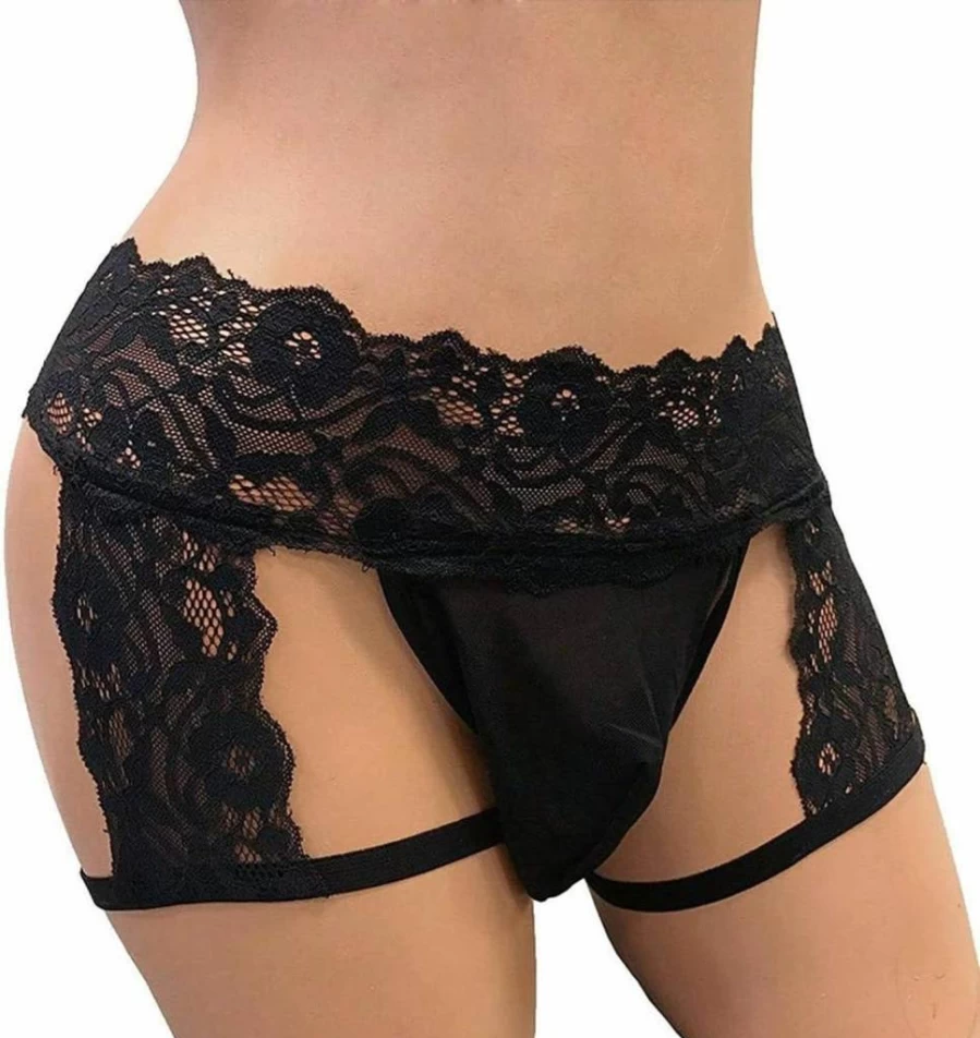 Taswuw Men's Lace Boxer Briefs with Pouch - Sexy Bikini Underwear for Crossdress & Sissy Lingerie - Comfortable Breathable Panties