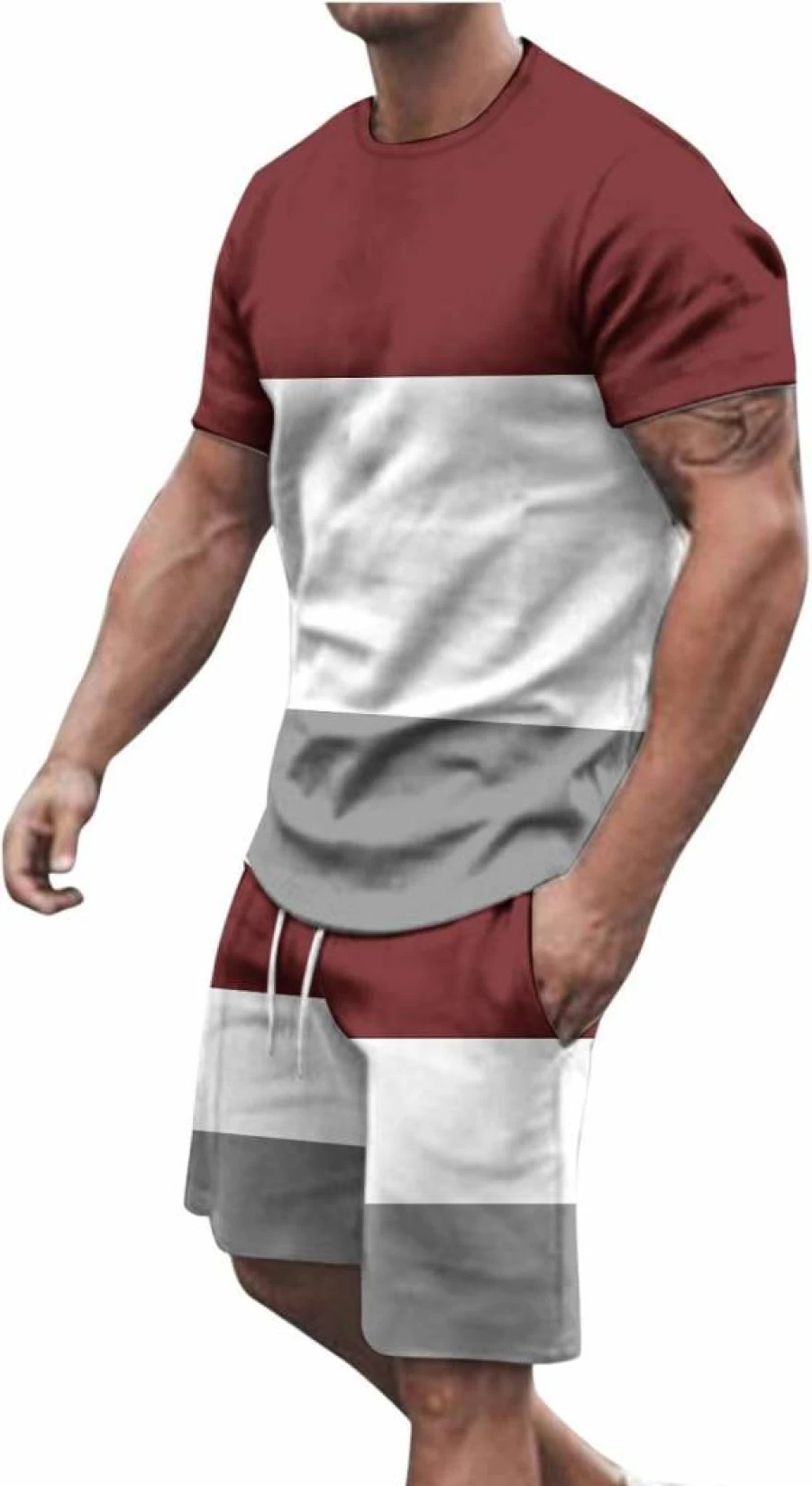 Sinzelimin Men's Activewear Set - Breathable Color Block T-Shirt & Workout Shorts 2-Piece Gym Outfit