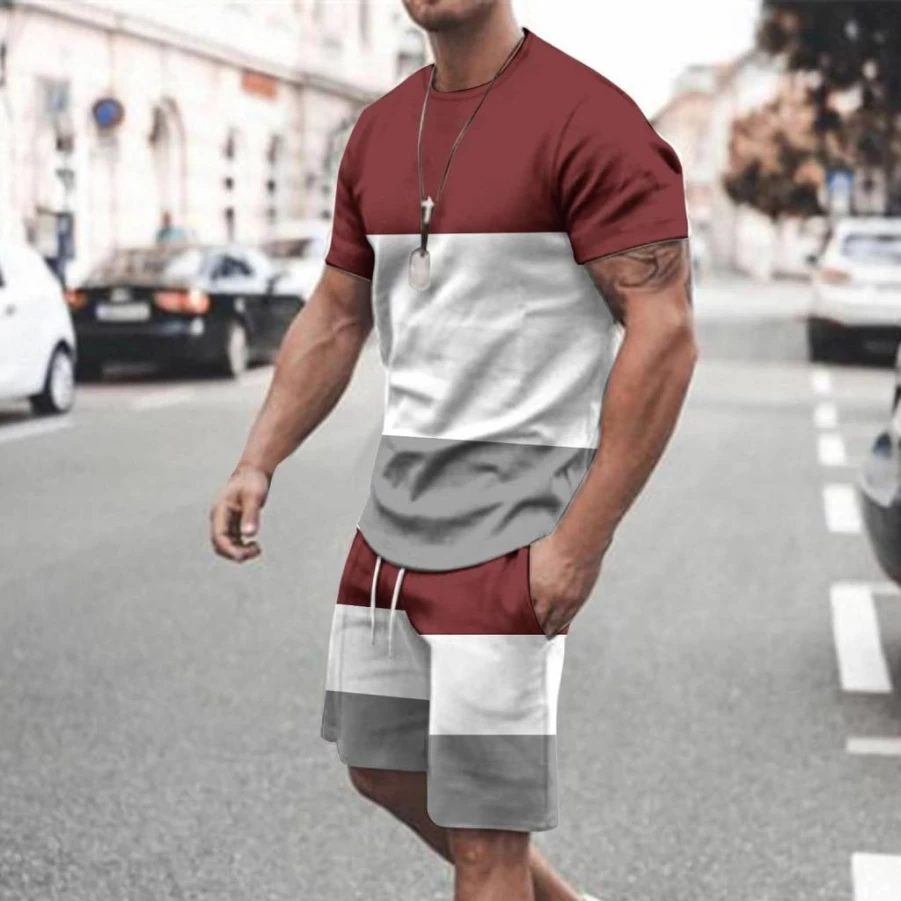 Sinzelimin Men's Activewear Set - Breathable Color Block T-Shirt & Workout Shorts 2-Piece Gym Outfit