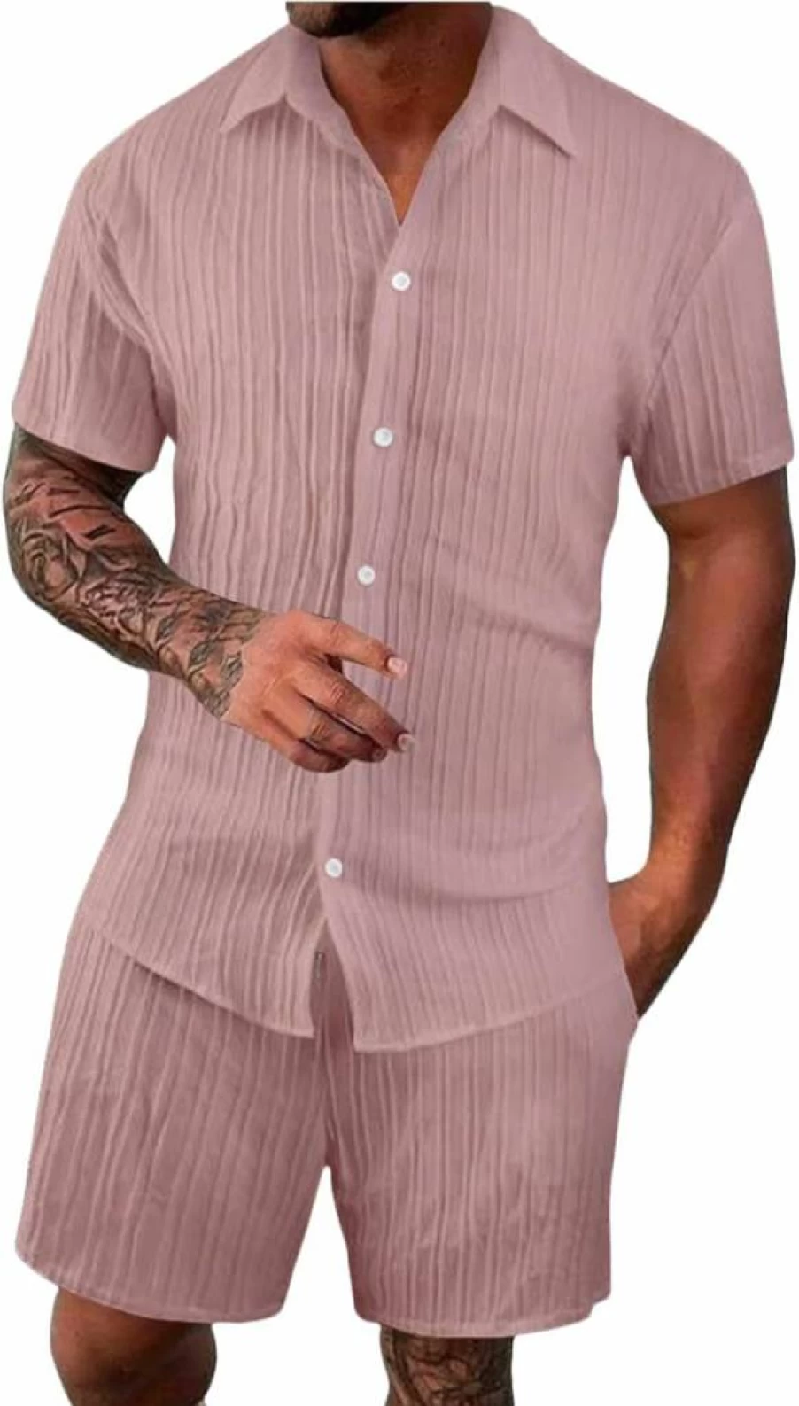 Men's Casual Short Sleeve Button-Down Shirt & Shorts Set - Solid Color Summer Beach Two-Piece Outfit