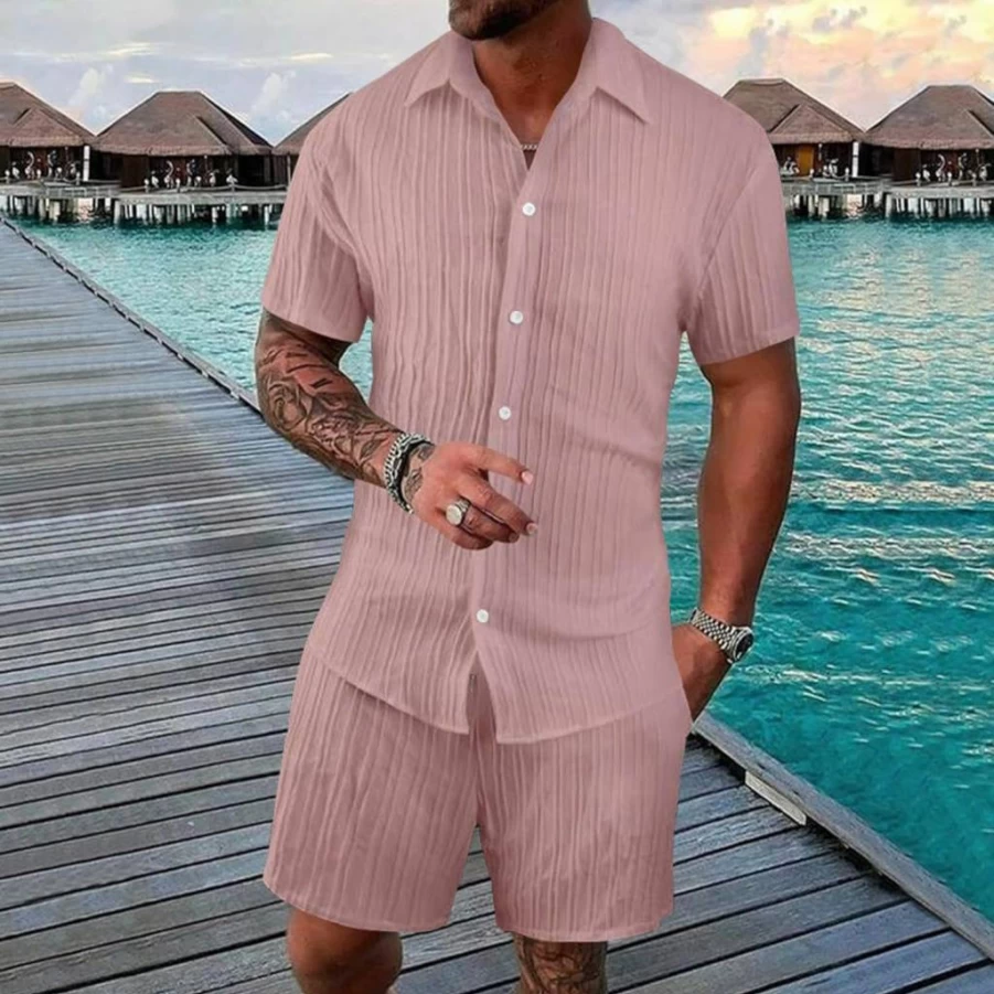 Men's Casual Short Sleeve Button-Down Shirt & Shorts Set - Solid Color Summer Beach Two-Piece Outfit