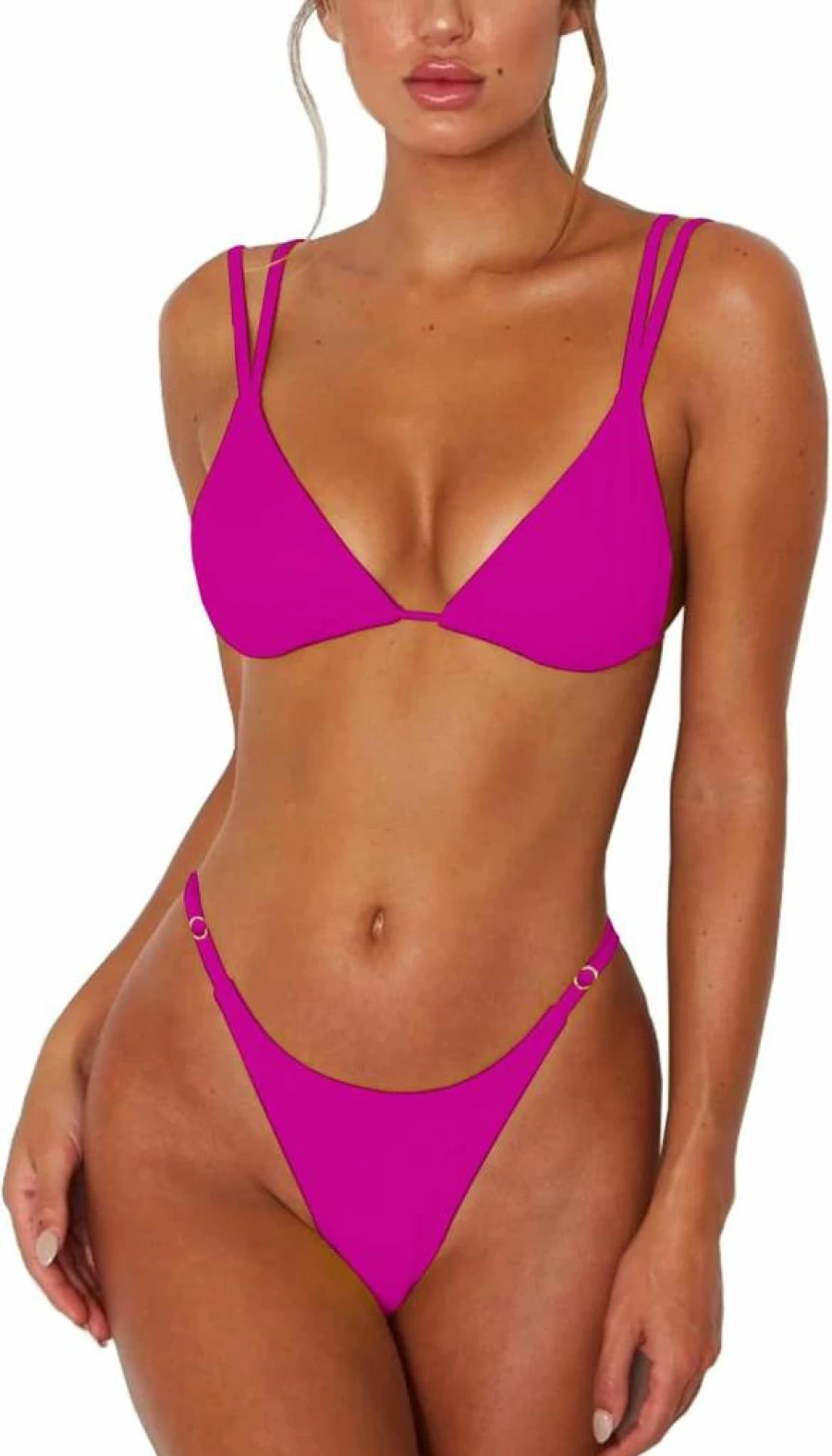 ForBeautyShe Women's Sexy Two-Piece Bikini Set - Adjustable Double Strap Triangle Top & Thong Bottom Swimwear for Beach & Pool