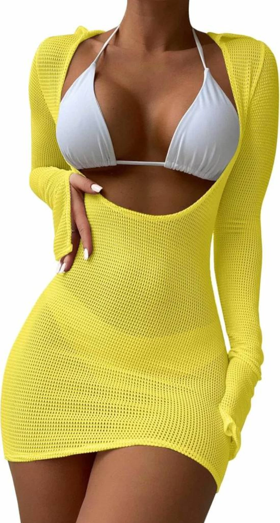 Lilosy Women's 3-Piece Mesh Bikini Set with Long Sleeve Cover Up - Sexy Swimwear Beach Outfit