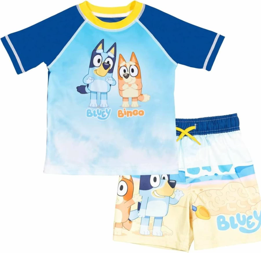 Bluey UPF 50+ Kids Rash Guard & Swim Trunks Set for Boys & Girls (12 Months - 8 Years) - Sun Protective Swimwear