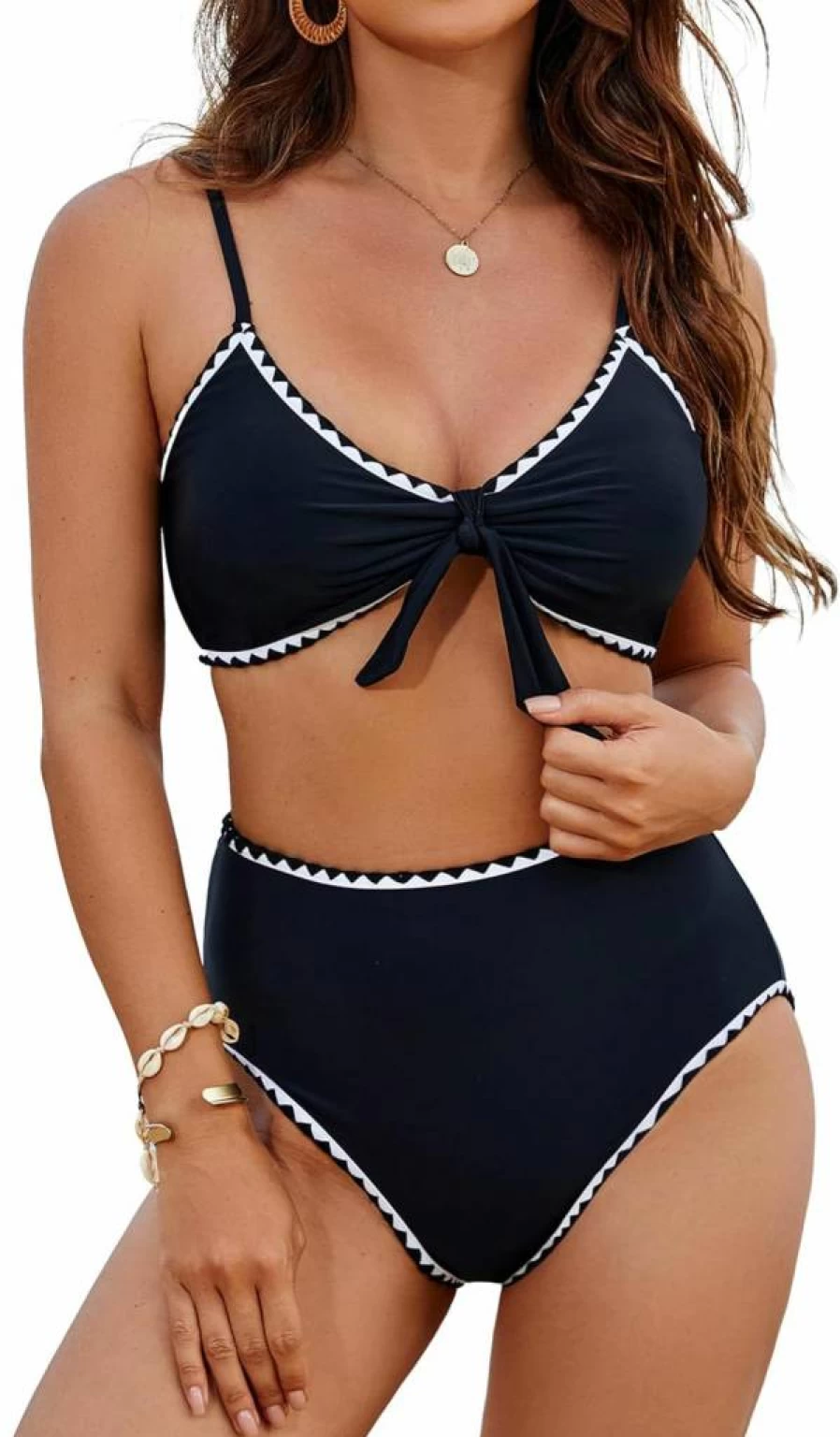 Blooming Jelly Women's High Waisted Bikini Set - Tie Front Knot High Rise Two Piece Swimsuit Bathing Suit for Women