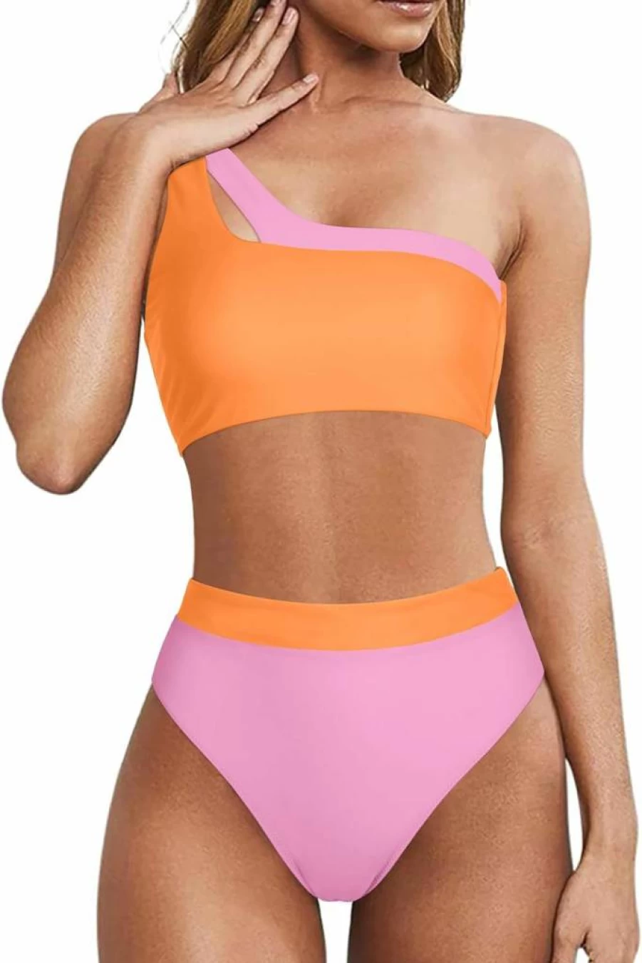 MOOSLOVER Women's One Shoulder High Waisted Bikini Set - High Cut Two Piece Swimwear with Sexy Cutout Design