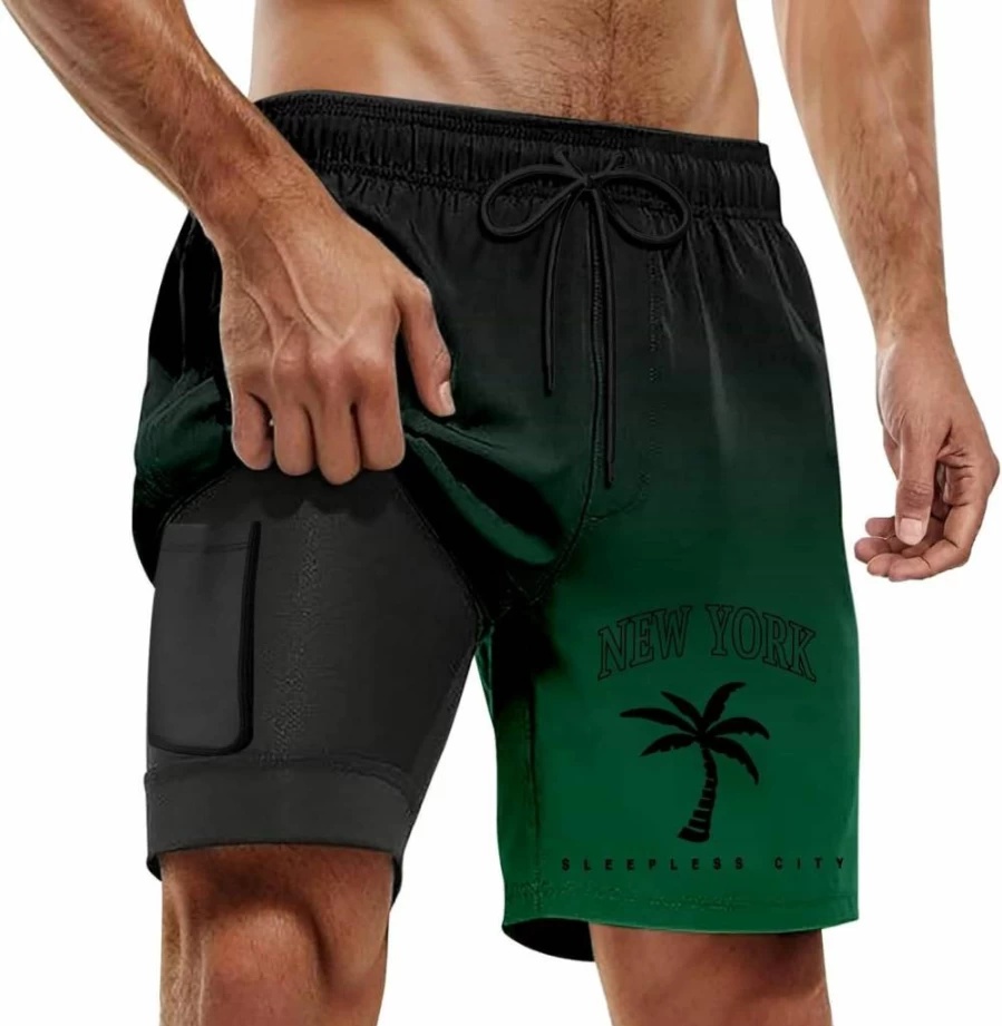 Men's Quick-Dry 2-in-1 Swim Trunks with Compression Liner & Pockets - Los Angeles Print Board Shorts