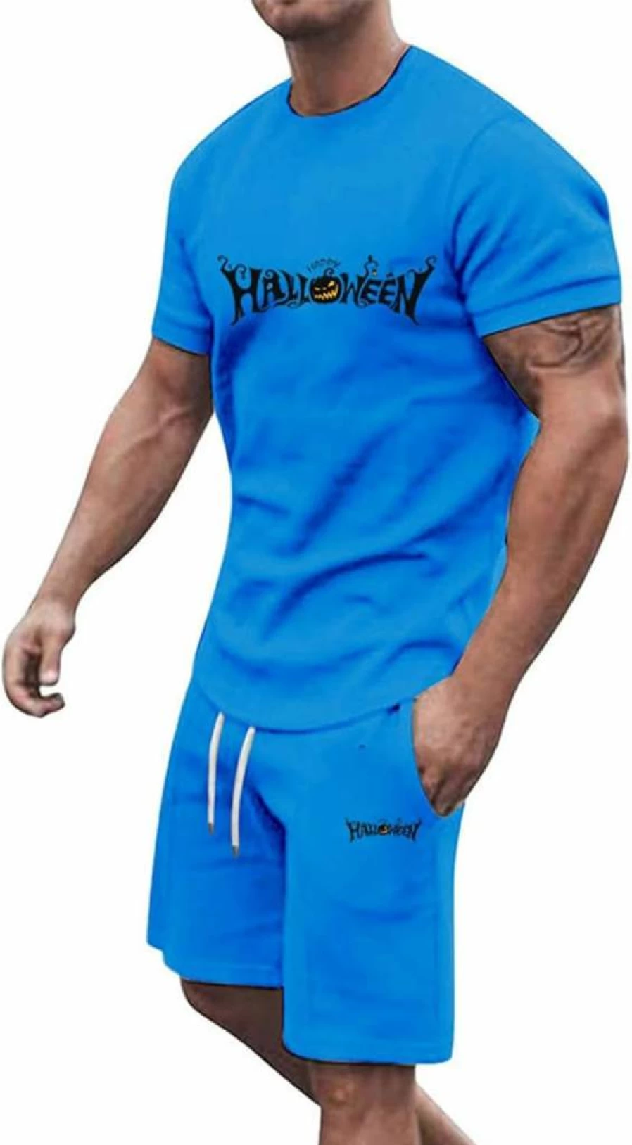 2024 Men's Halloween Costume Set - Funny Letter & Pumpkin Print Sporty Short Sleeve Shirt and Shorts 3-Piece Outfit for Men