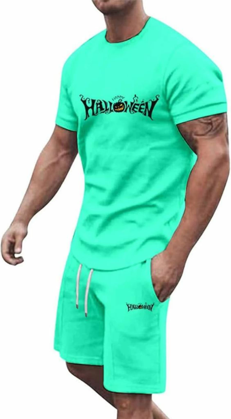 2024 Men's Halloween Costume Set - Funny Letter & Pumpkin Print Sporty Short Sleeve Shirt and Shorts 3-Piece Outfit for Men