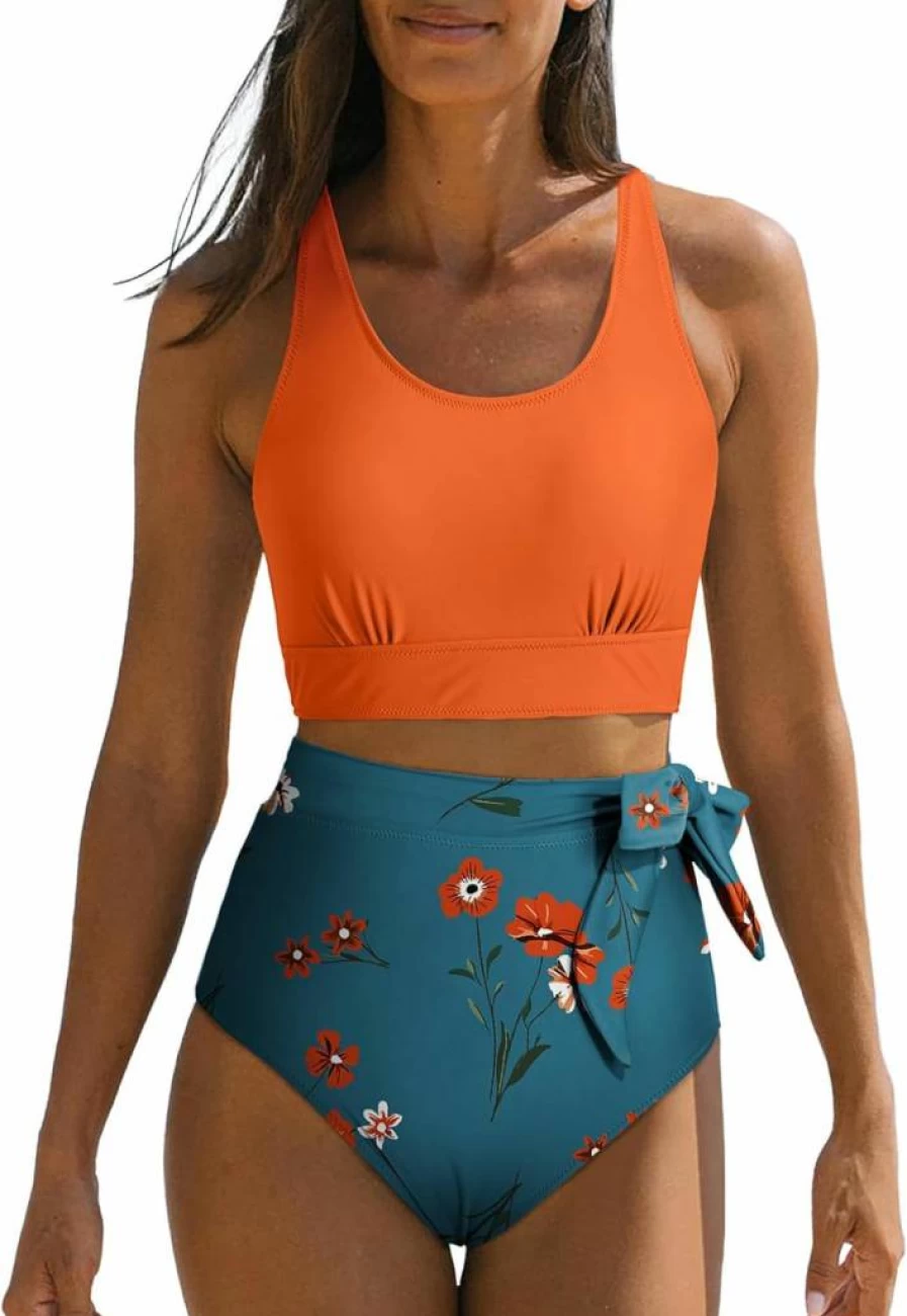 Dokotoo Women's Floral Print 2 Piece Swimsuit Set with Racerback Top & Tummy Control High Waisted Bikini Bottom Bathing Suit