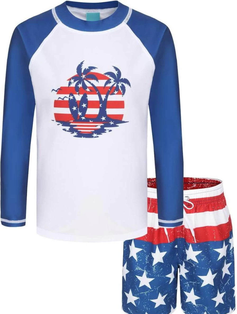 Lollisy Boys 2-Piece Long Sleeve Rash Guard Swimsuits Set with Quick Dry Swim Trunks for Sun Protection