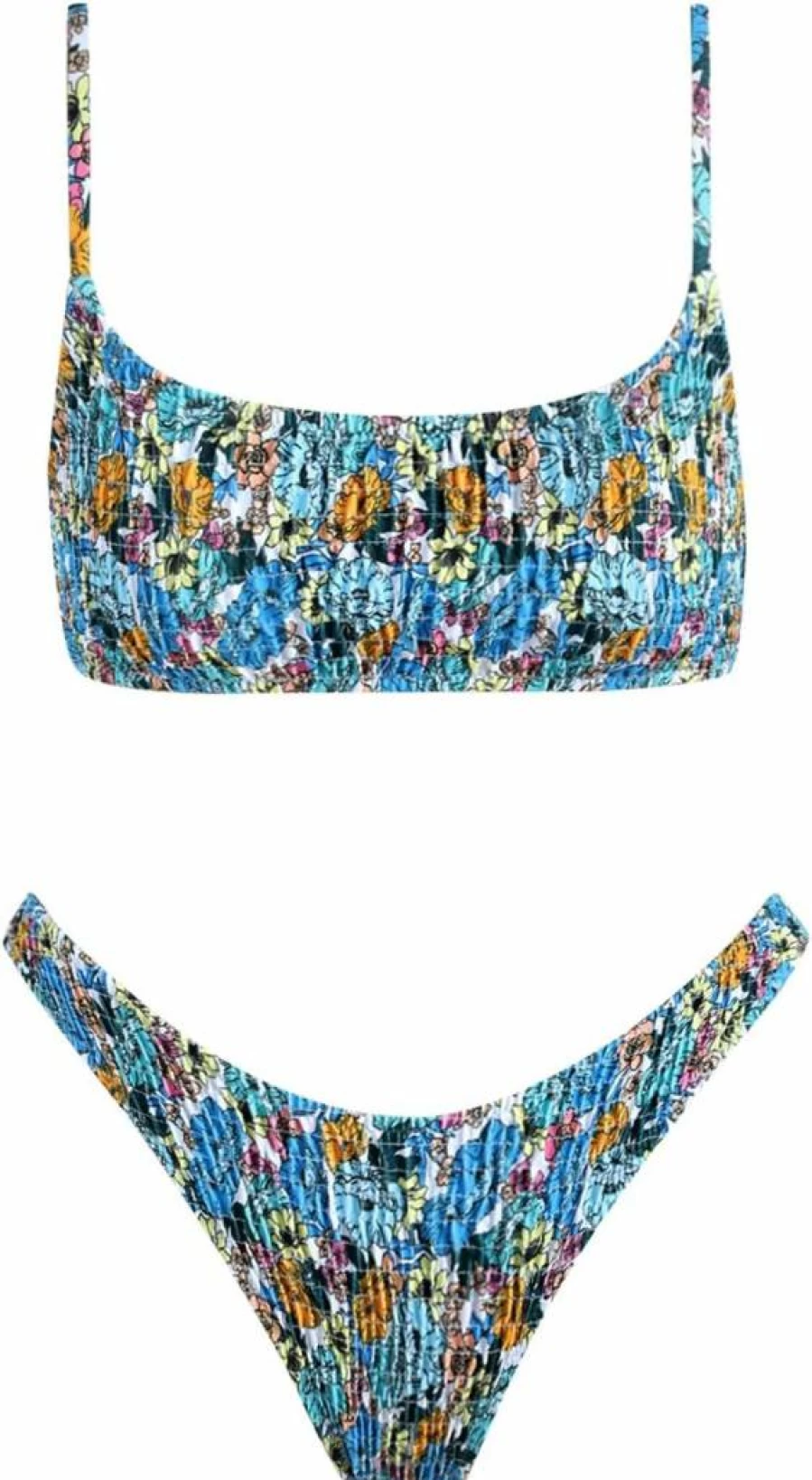 VOLAFA Women's Textured Scoop Bikini Set - Smocked Frilled Triangle Top & Ruched Elastic Bottom Two-Piece Swimsuit