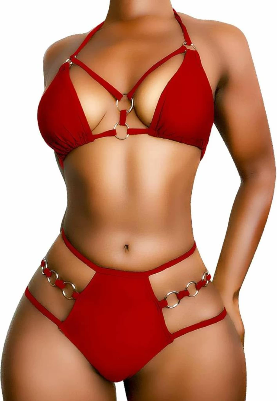EJsoyo Women's Sexy Push Up Bikini Set - Cheeky Thong Swimwear with Padded Cups & Metal Ring Detail