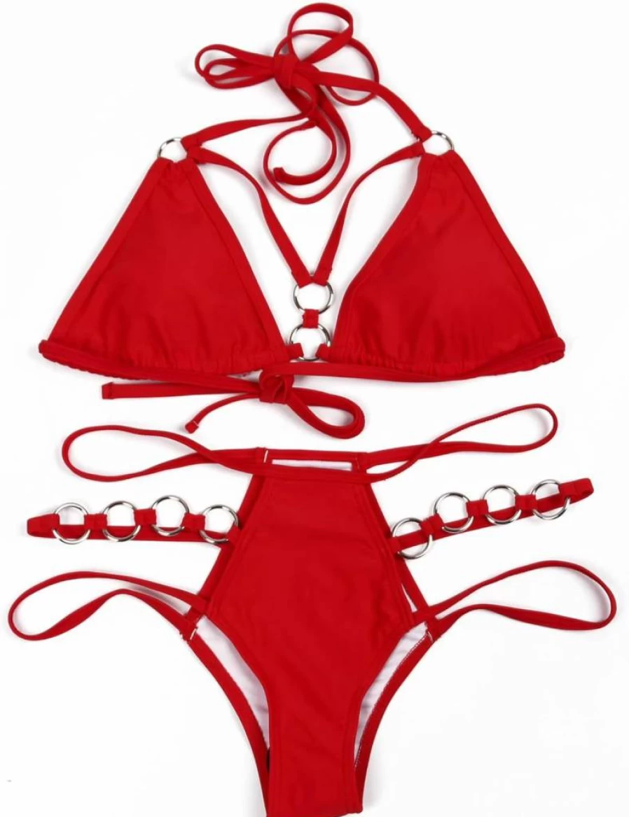 EJsoyo Women's Sexy Push Up Bikini Set - Cheeky Thong Swimwear with Padded Cups & Metal Ring Detail