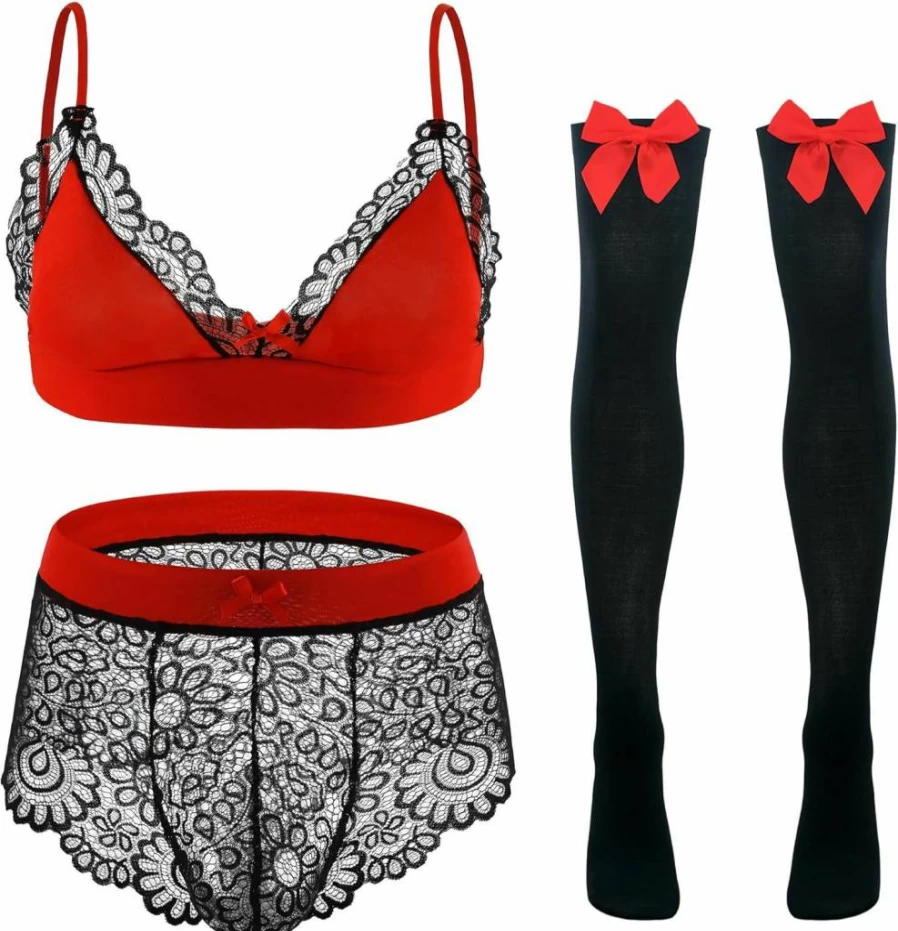 Feoya Men's Lace Floral Lingerie Set - 4 Piece Underwear, Bra & Stockings Combo for Sensual Comfort