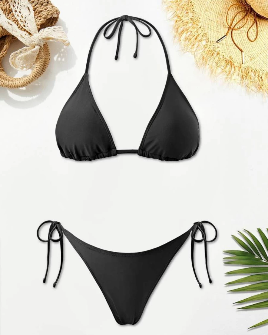 Holipick Women's Two-Piece Triangle Bikini Set - Halter Top & Side-Tie Bottom Swimwear
