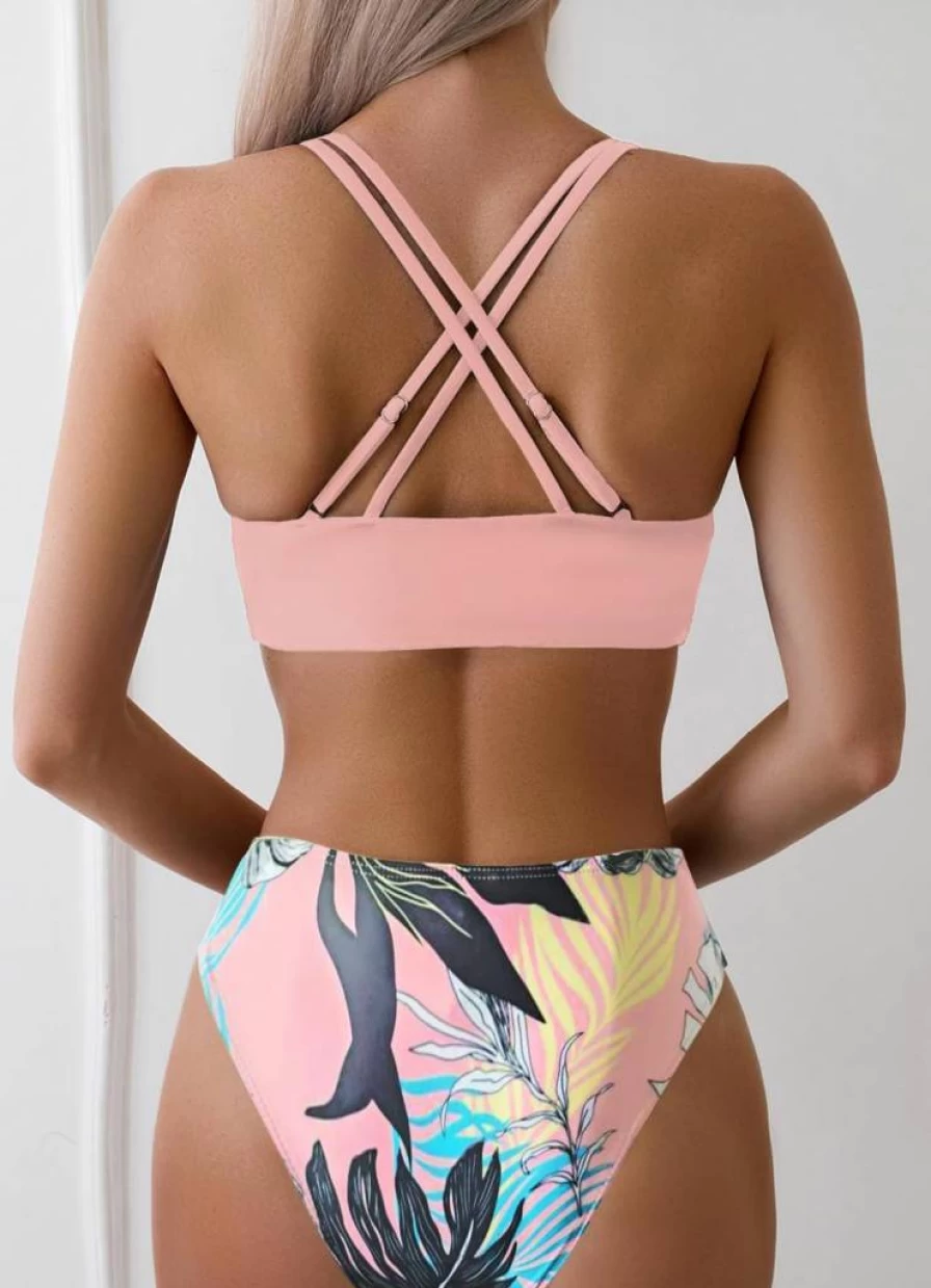 Tainehs Women's Criss Cross Back Push Up Bikini Set - V Neck Two Piece Swimsuit for Beach & Pool