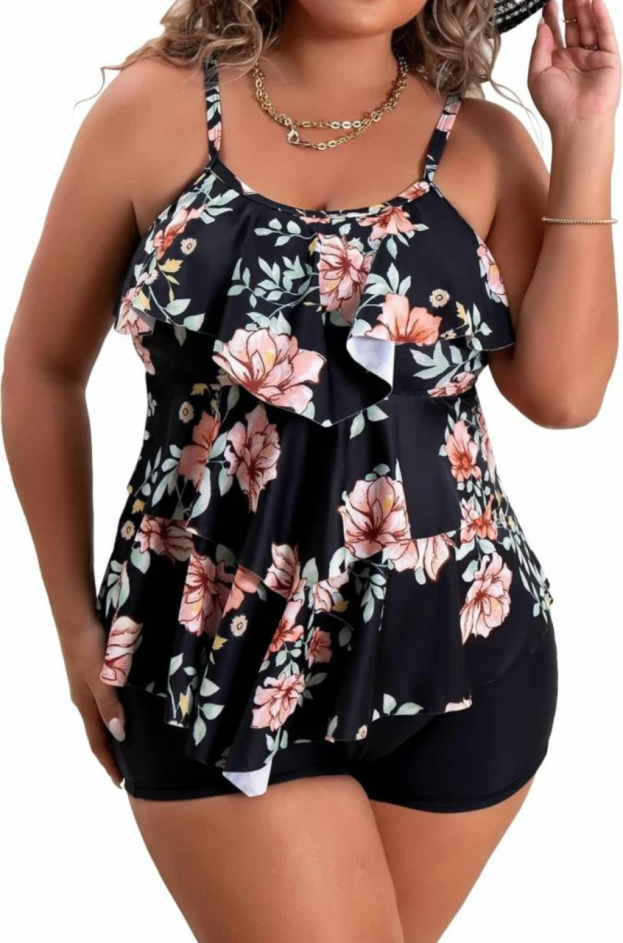 B2Prity Plus Size Tankini Swimsuits for Women - Tummy Control Two Piece Bathing Suit with Ruffled Flounce and Shorts