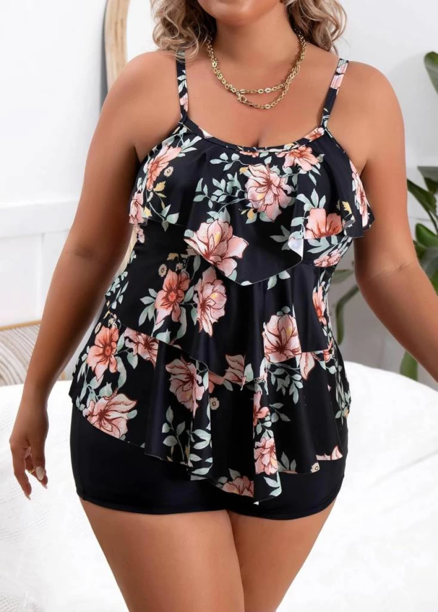 B2Prity Plus Size Tankini Swimsuits for Women - Tummy Control Two Piece Bathing Suit with Ruffled Flounce and Shorts