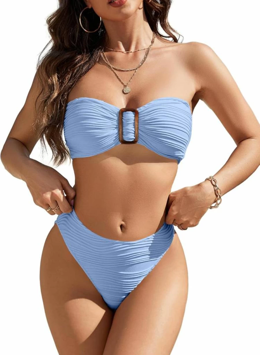 Blooming Jelly Women's Sexy Strapless Bikini Set - Ribbed High Cut Cheeky Two Piece Swimsuit for Ladies