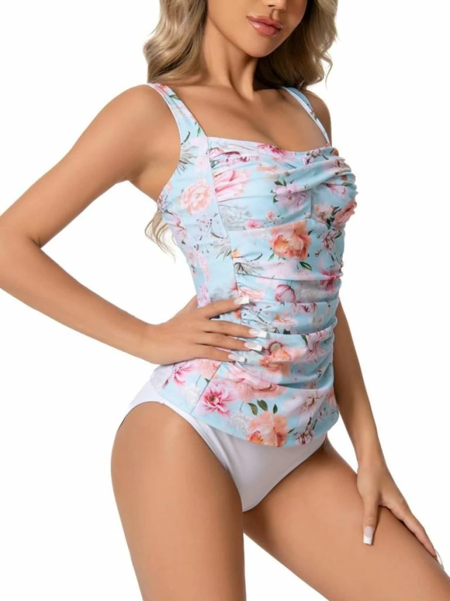 KOKITA Women's Tummy Control Tankini Swimwear Set - Halter Ruched Top Two Piece Bathing Suit