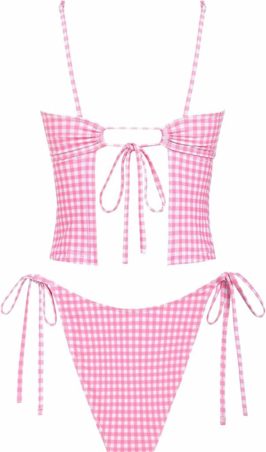 Seamoly Women's Sexy Floral Gingham Bikini Set - Open Back Tankini Top & High Cut Tie Side Thong Bottom Two Piece Swimsuit