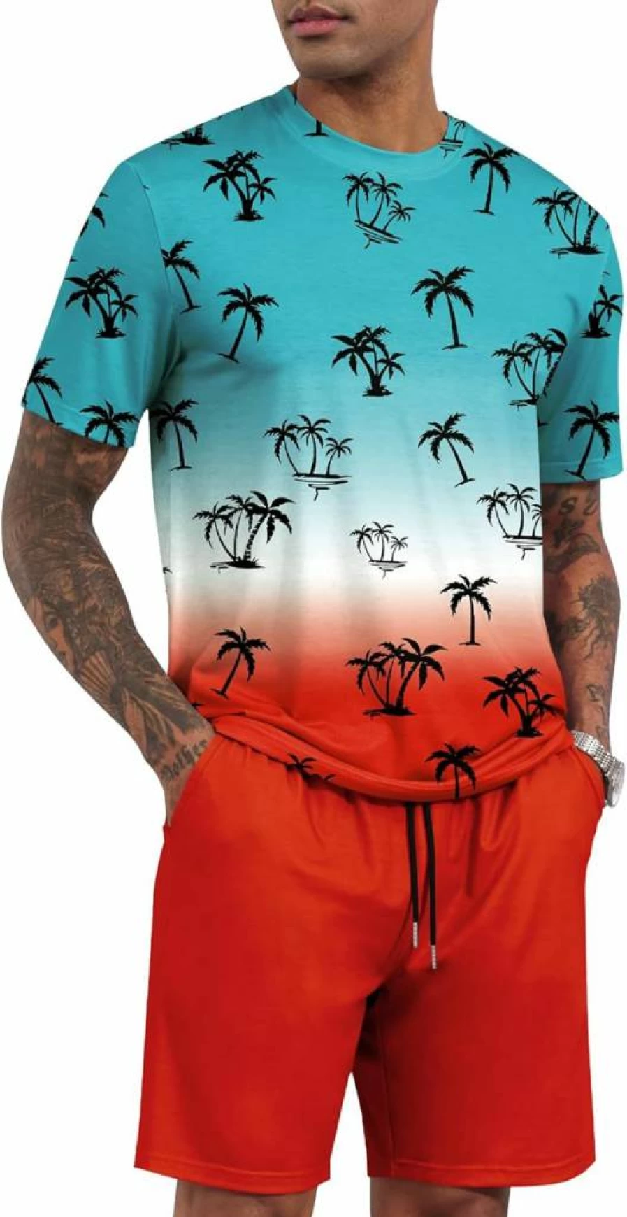 LecGee Men's Tropical Graphic T-Shirt & Shorts Set - Summer Casual 2-Piece Short Sleeve Tracksuit Outfit