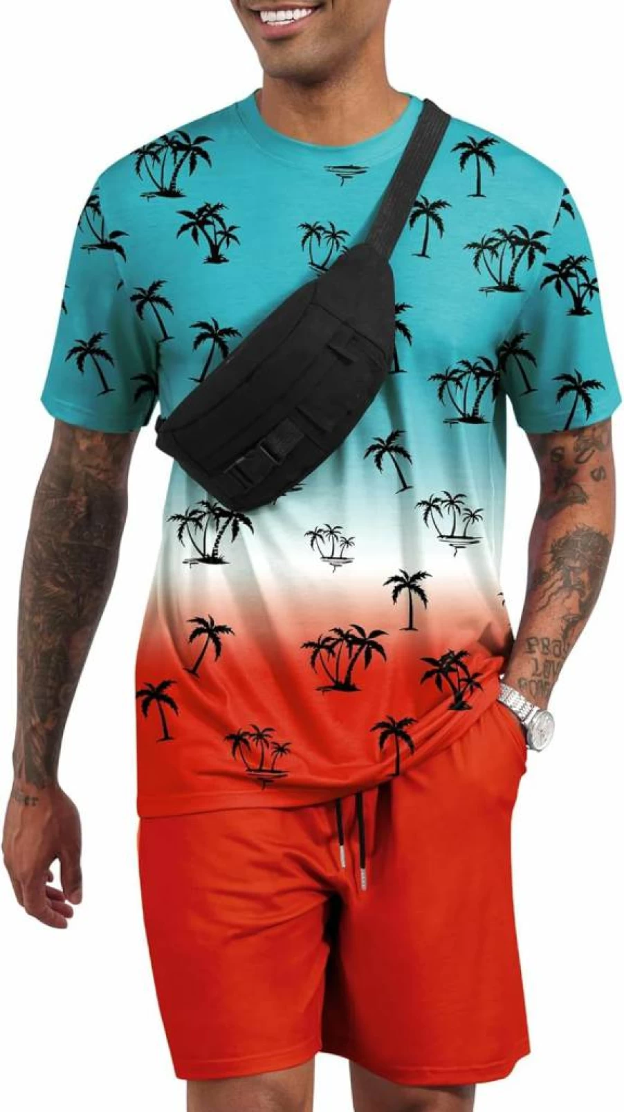 LecGee Men's Tropical Graphic T-Shirt & Shorts Set - Summer Casual 2-Piece Short Sleeve Tracksuit Outfit