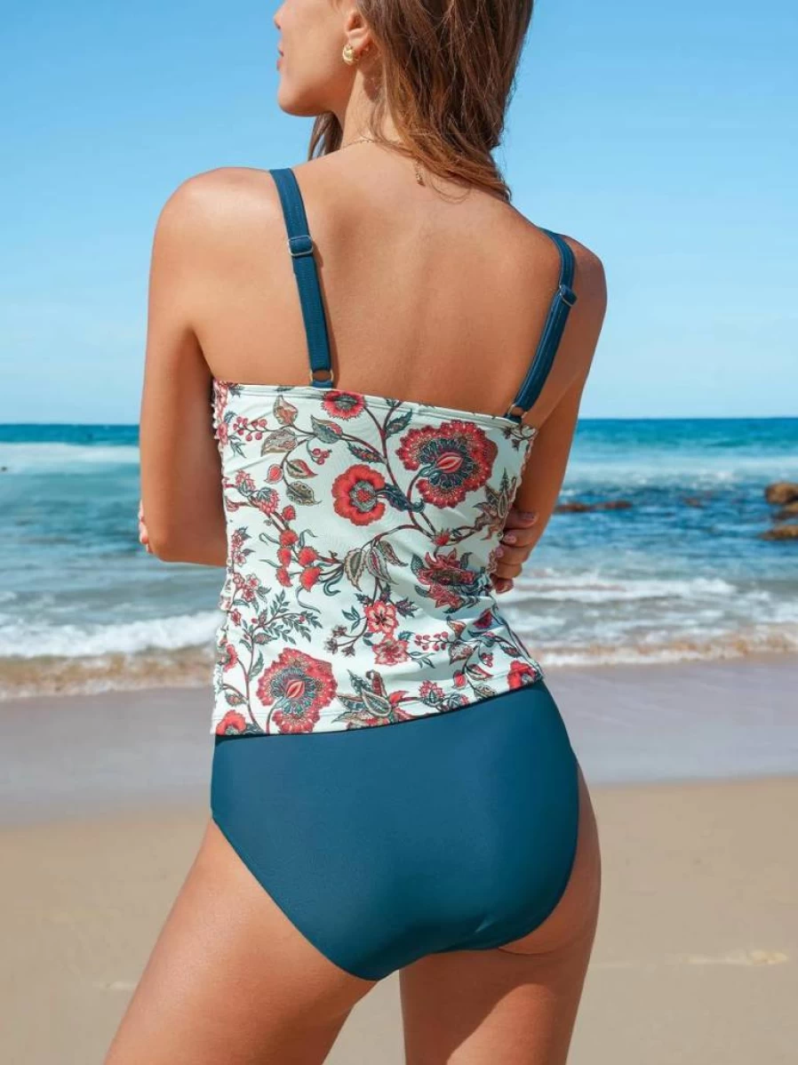 CUPSHE Women's Two-Piece Tankini Swimsuits Square Neck Adjustable Straps Ruched Swimwear Bathing Suits