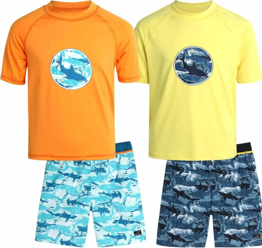 Big Chill Boys 4-Piece Rash Guard Swim Set: UPF 50+ Sun Protection, Quick-Dry Short Sleeve Shirt & Swim Trunks (Sizes 4-14)