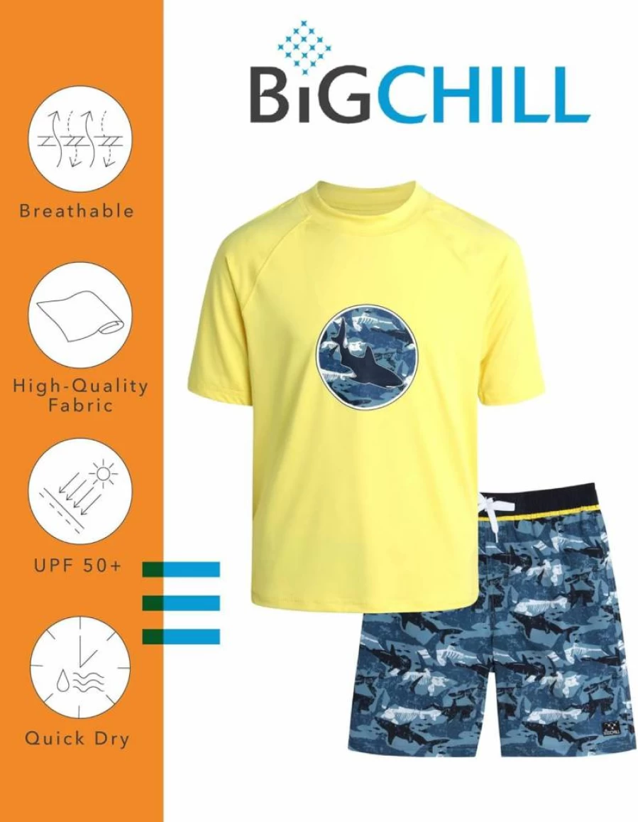Big Chill Boys 4-Piece Rash Guard Swim Set: UPF 50+ Sun Protection, Quick-Dry Short Sleeve Shirt & Swim Trunks (Sizes 4-14)