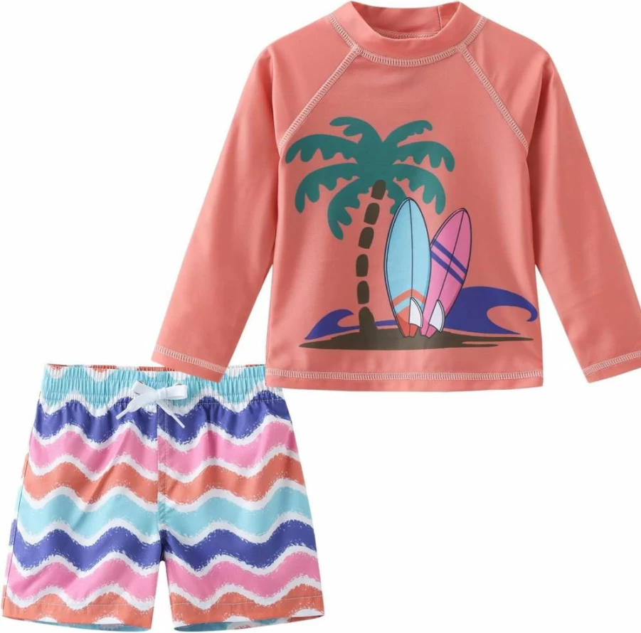 Aisyee Boys Rash Guard Swim Set - UPF 50+ Long Sleeve Swim Shirt & Trunks for Toddler Beach & Pool Safety