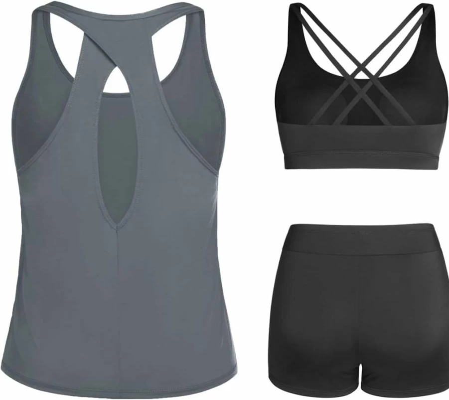 Tempt Me Women's 3-Piece Athletic Tankini Swimwear Set - Modest Swim Tank Top with Boy Shorts & Sports Bra