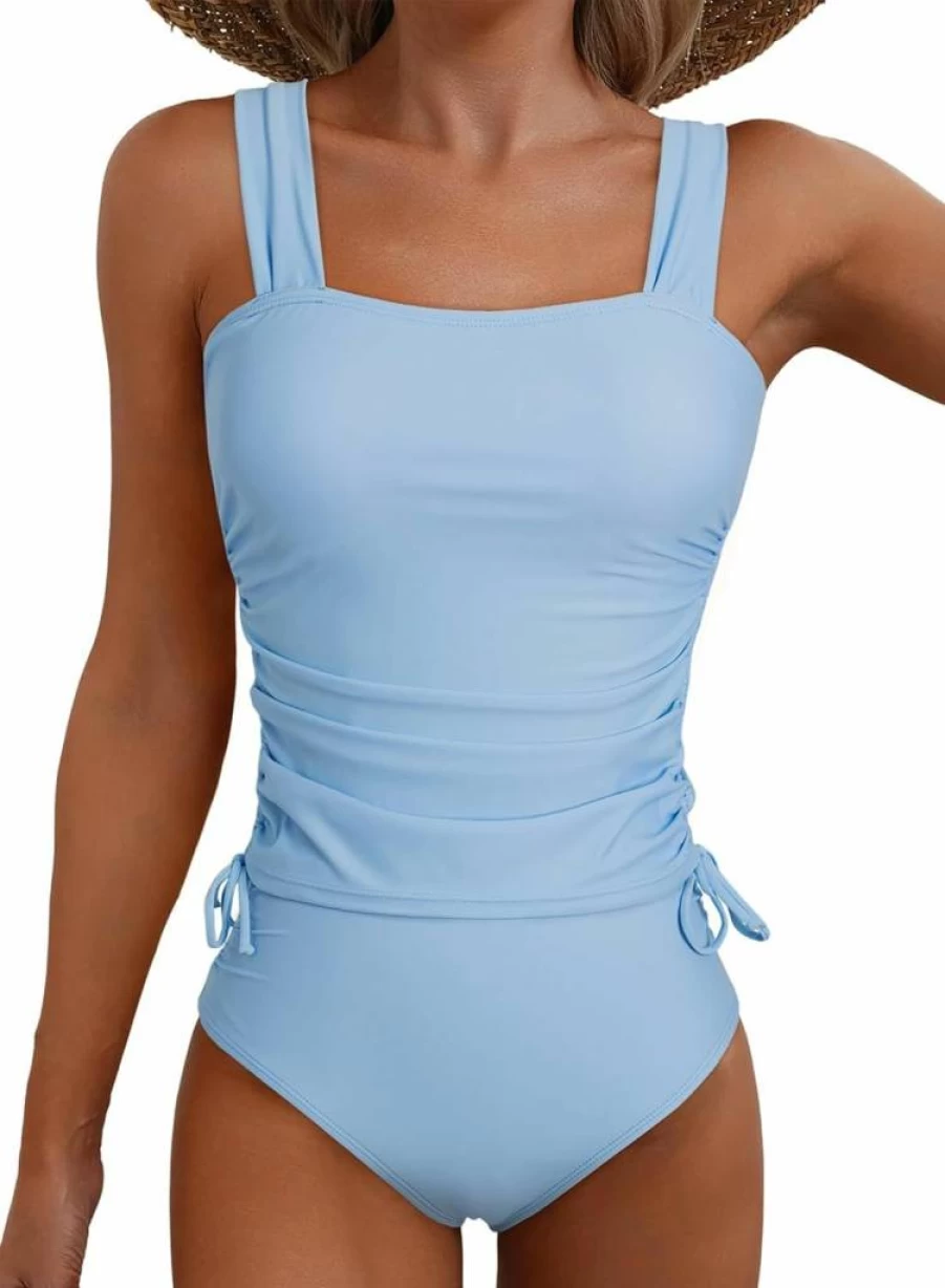 Aleumdr Women's Retro Ruched Two-Piece Swimwear with Tummy Control, Strappy Tankini Top and Tie-Side Bottom Bathing Suit Set