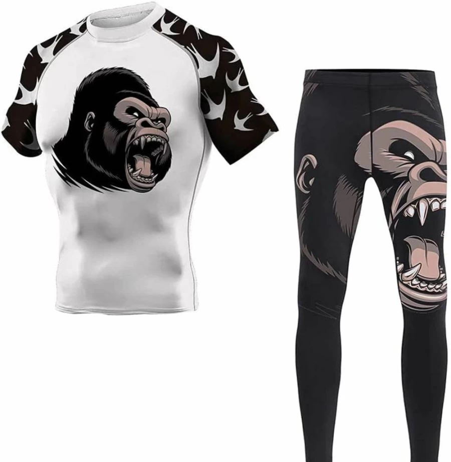 CHOO Men's Wrestling Rash Guard Shorts & Spats Set - No Gi Training Gear - Bat Gorilla Series