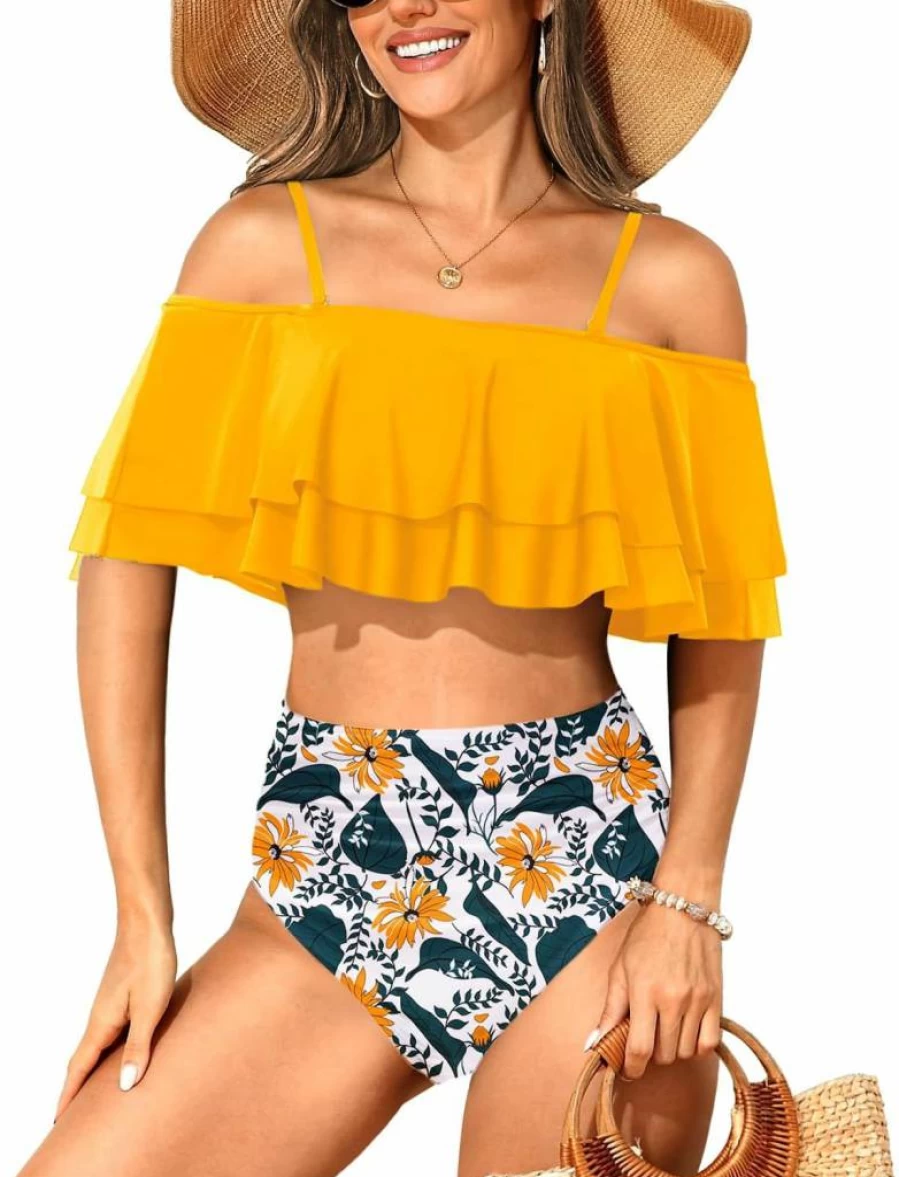 Tempt Me Women's High Waisted Bikini Set - Off Shoulder Ruffle Swimsuit with Tummy Control & Ruched Design