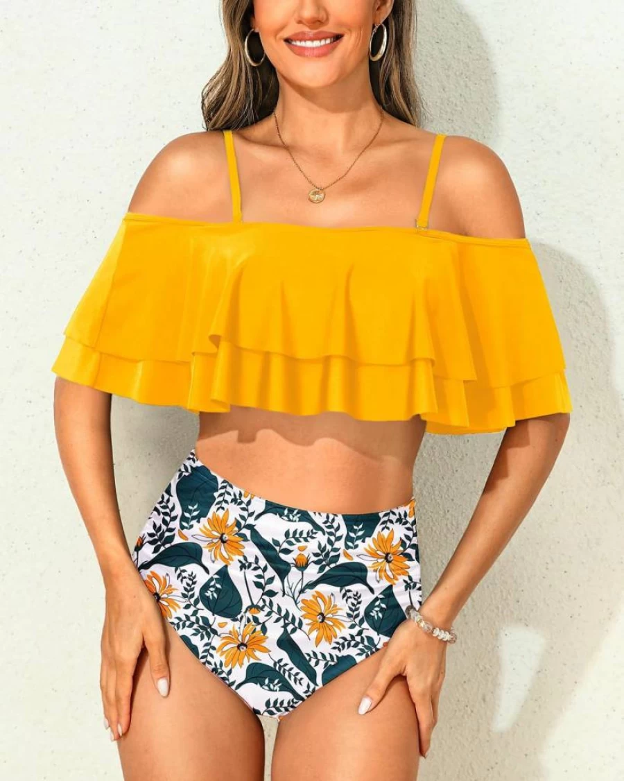 Tempt Me Women's High Waisted Bikini Set - Off Shoulder Ruffle Swimsuit with Tummy Control & Ruched Design