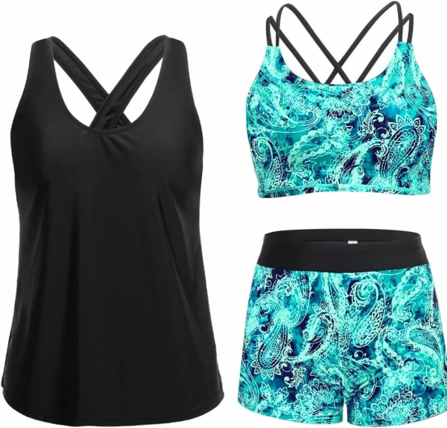 Holipick Women's 3-Piece Tummy Control Tankini Swimwear Set - High Waist Swim Shorts & Built-In Bra Tank Top Bathing Suit