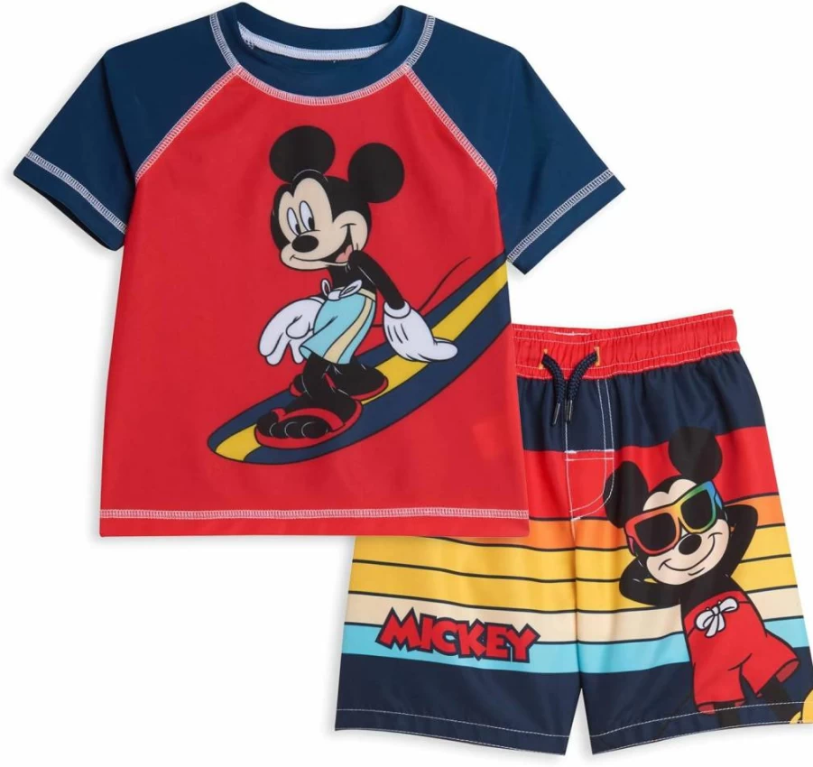 Disney Mickey Mouse UPF 50+ Swim Rash Guard & Trunks Set for Kids (12M-16Y) - Surfboard Print Beach Outfit