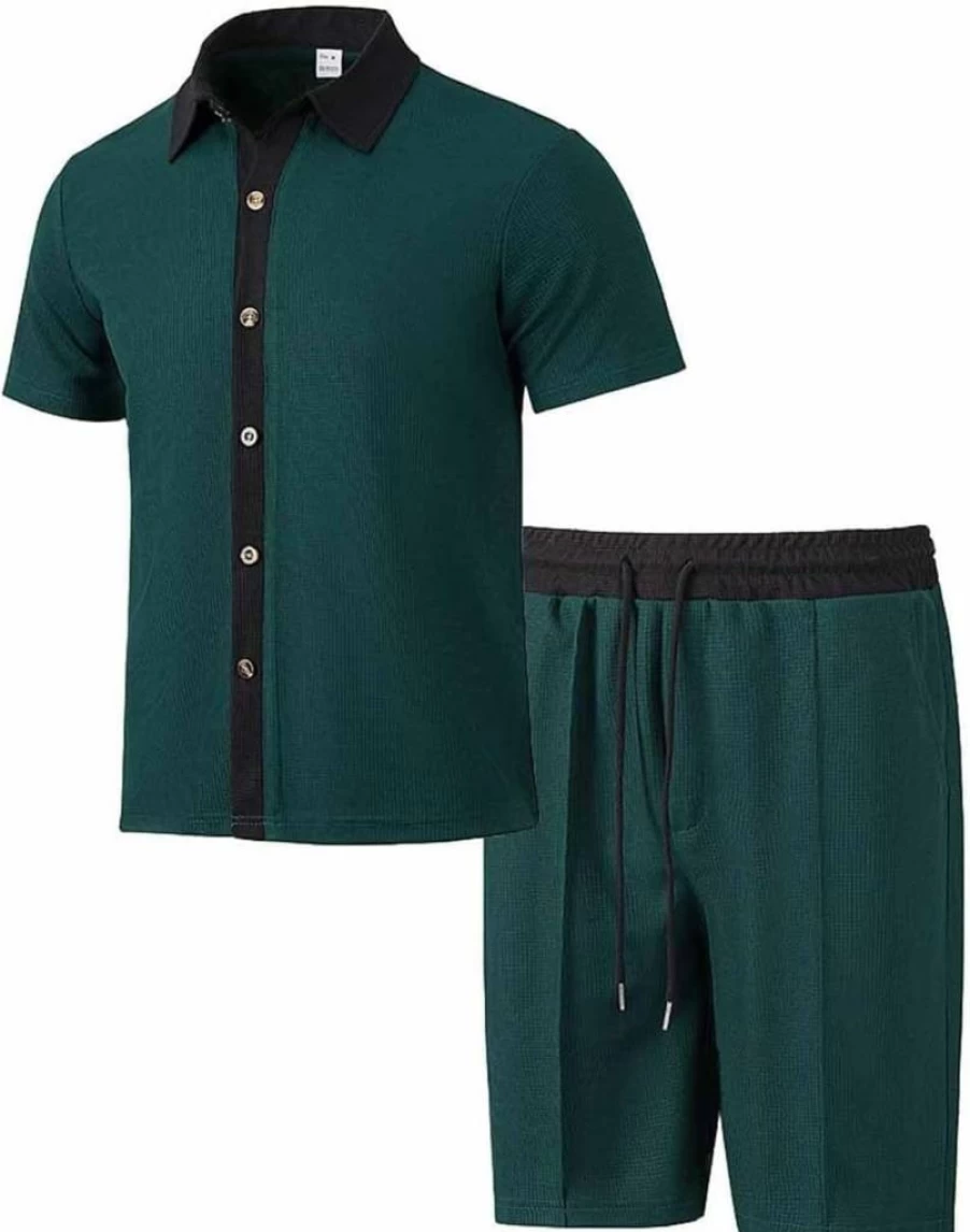 SUERGHWAX Men's 2-Piece Summer Outfit - Lightweight Short Sleeve Shirt & Casual Shorts Beach Set