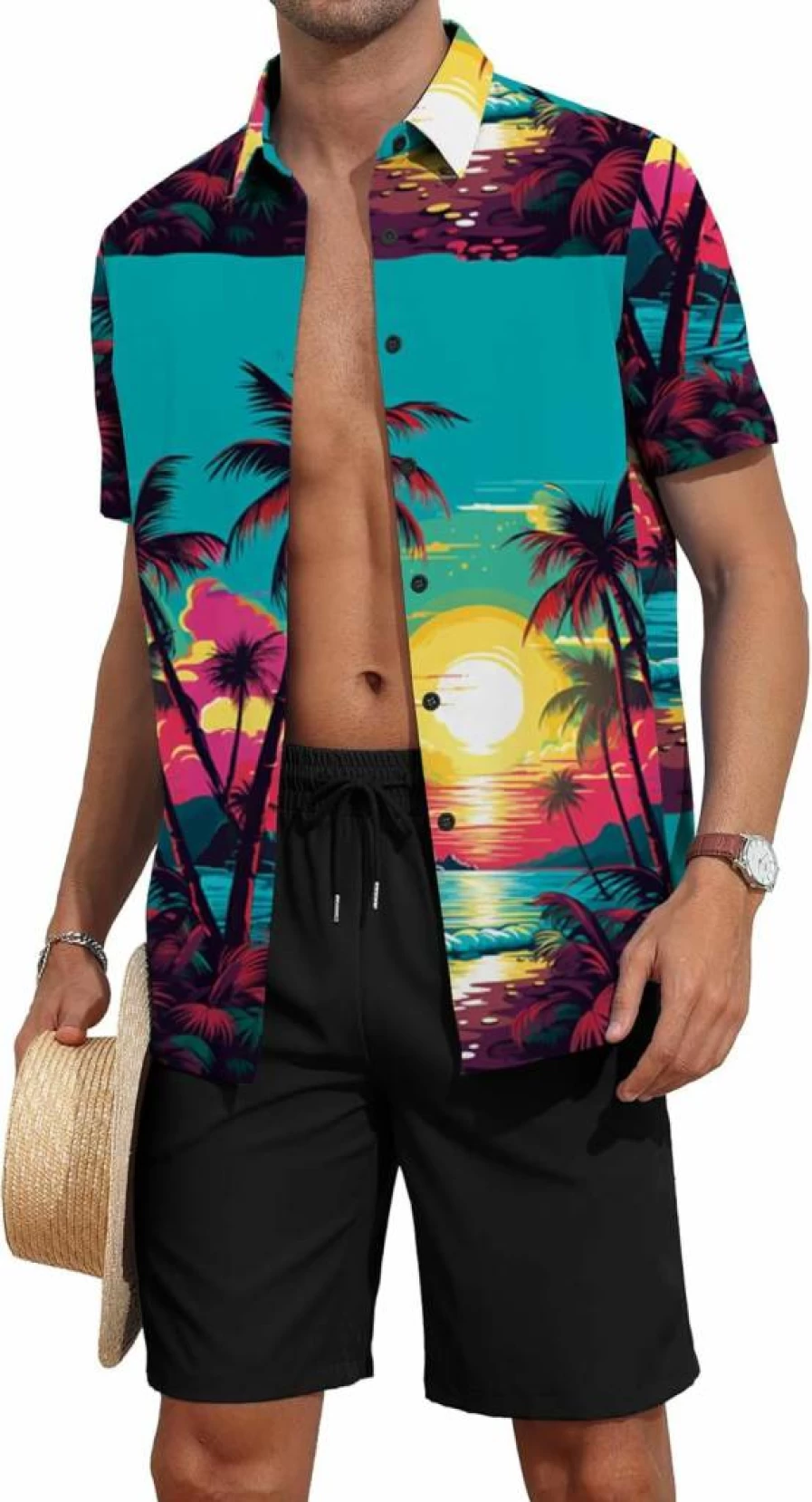 YTD Men's Tropical Print Hawaiian Shirt and Shorts Set - 2 Piece Summer Beach Outfit Short Sleeve Button Down Shirt with Matching Swim Shorts