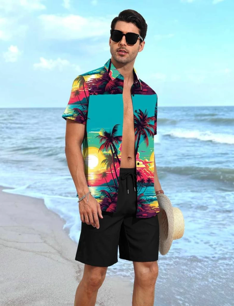 YTD Men's Tropical Print Hawaiian Shirt and Shorts Set - 2 Piece Summer Beach Outfit Short Sleeve Button Down Shirt with Matching Swim Shorts