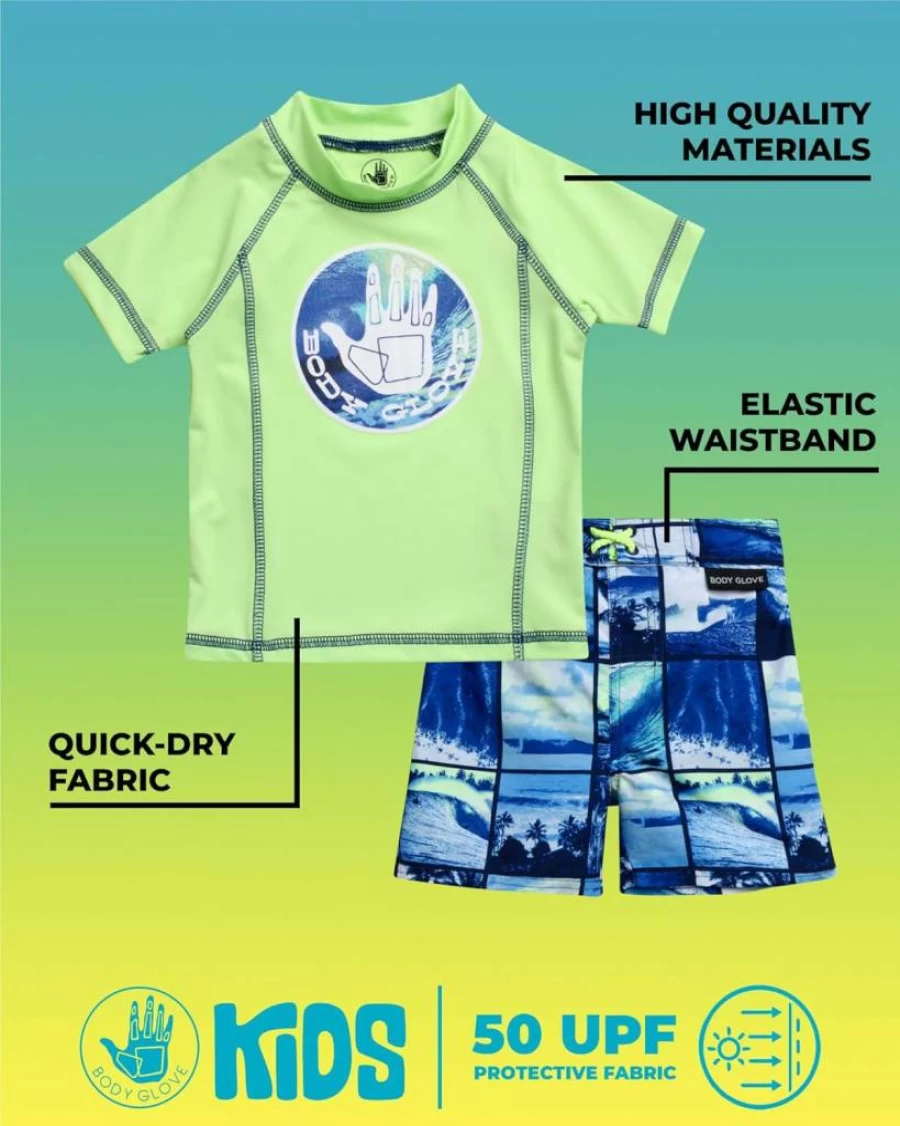 Body Glove Boys 2-Piece Swim Set - UPF 50+ Quick Dry Swim Trunks & Rash Guard for Toddlers (2T-4T) Kids Swimwear