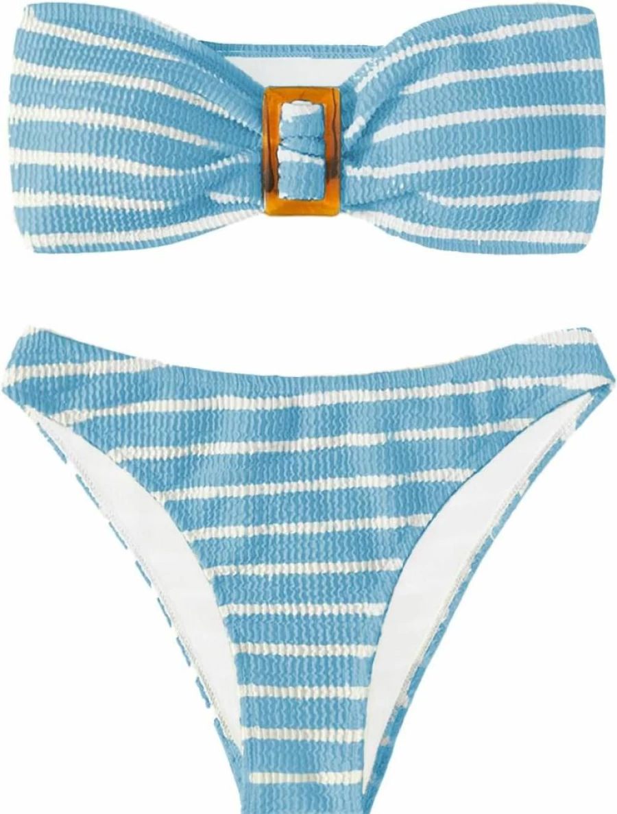 GORGLITTER Women's Striped Bandeau Bikini Set - High Waisted Thong 2 Piece Strapless Swimsuit for Women