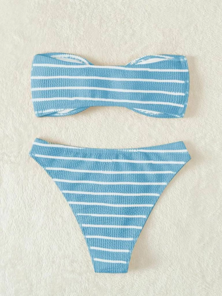 GORGLITTER Women's Striped Bandeau Bikini Set - High Waisted Thong 2 Piece Strapless Swimsuit for Women