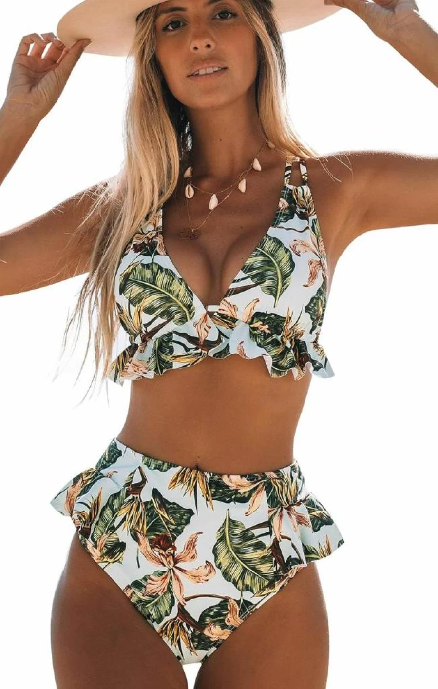 SPORLIKE Women's High Waisted Bikini Set - Ruffled V Neck Two Piece Swimsuit for Women